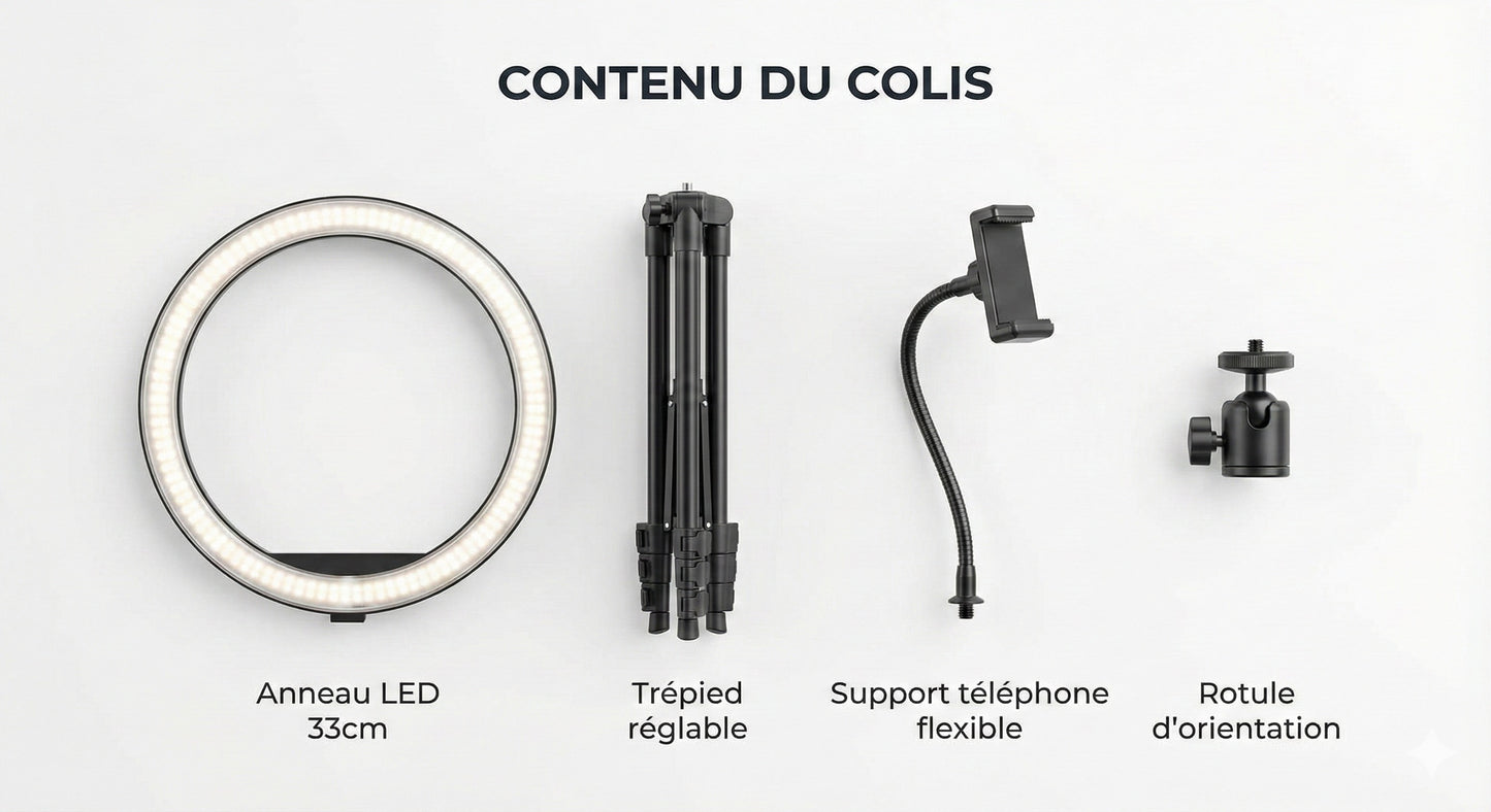 Kit Anneau Lumineux LED 33cm + Trépied 1,60m - Éclairage Pro Photo & Vidéo