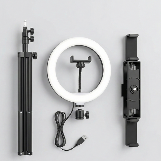 Ring Light LED 20 cm (8 pouces) sur Trepied 1.60m avec 3 Supports Smartphone – Kit Eclairage Ajustable pour Live &amp; Streaming