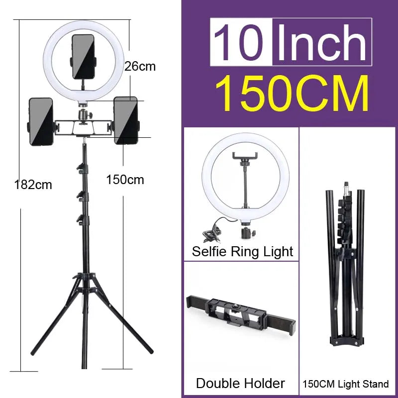 Ring Light LED Professionnel 8 pouces avec Trépied Ajustable 160 CM - Double